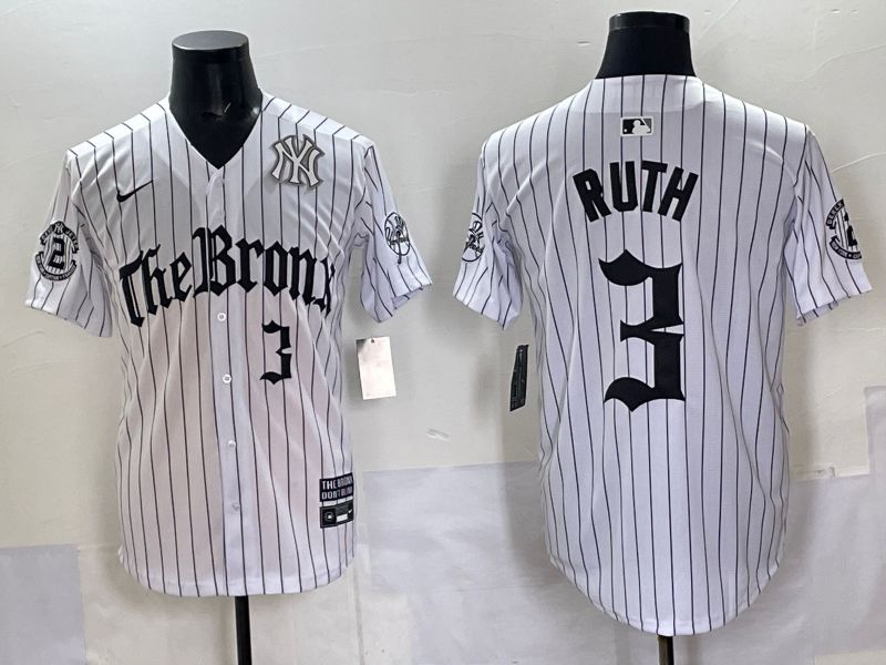 Men 2025 New York Yankees 3 Ruth White Stripe Five generations Joint Name Nike MLB Jersey style 05
